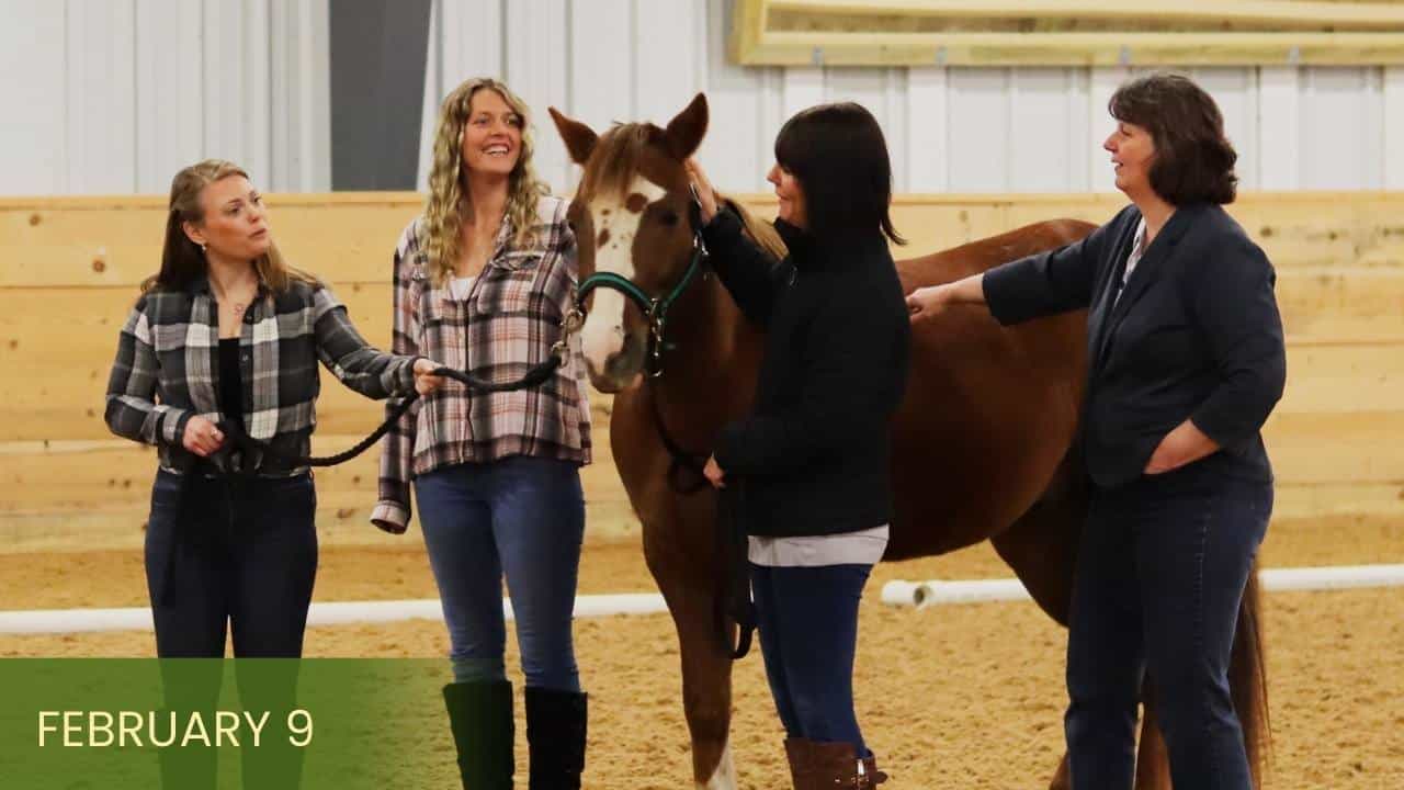 Participants stand next to adaptive riding horse Lil Rusty during a Main Stay leadership workshop.