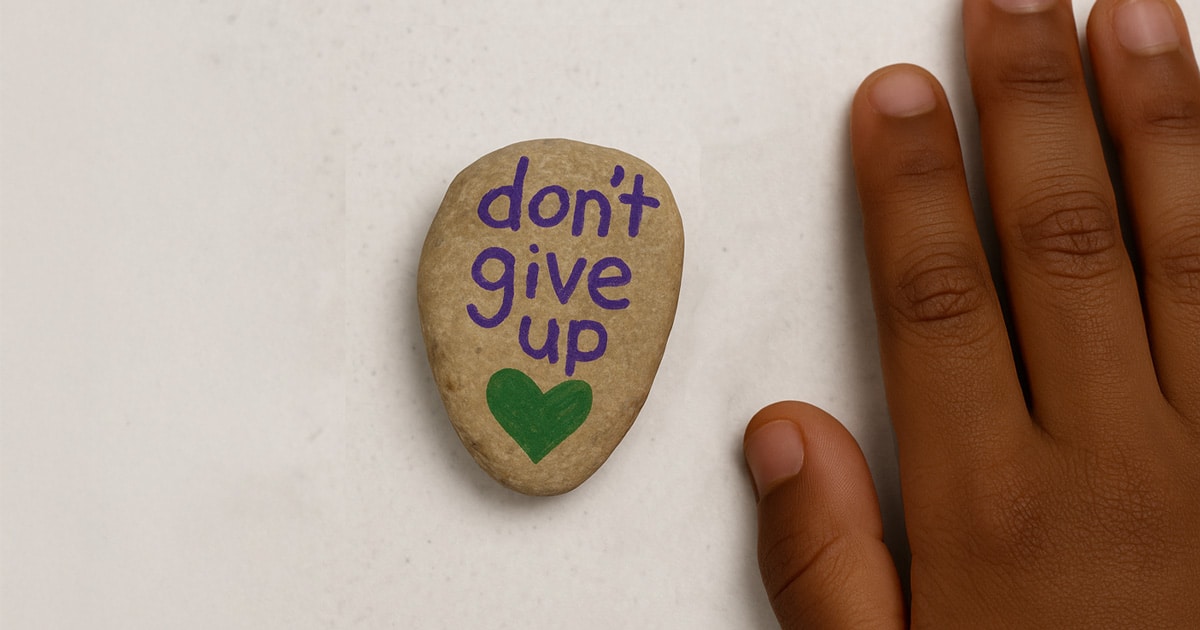 A rock with purple handwritten text that says "don't give up"