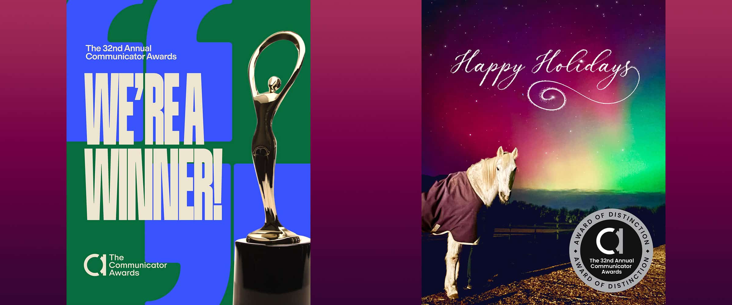Graphic celebrating Main Stay receiving an Award of Distinction at the 32nd Annual Communicator Awards alongside the award-winning Northern Lights holiday card featuring horse Zeke beneath the Northern Lights.