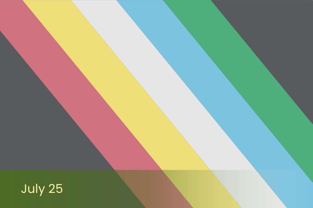 Graphic featuring diagonal stripes in muted red, yellow, white, blue, and green on a dark gray background, representing the Disability Pride flag.