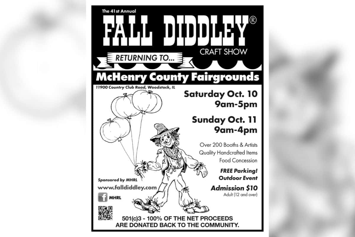 Fall Diddley Craft Show flyer for October 10–11, 2026, at the McHenry County Fairgrounds in Woodstock, featuring 200+ artists and vendors.