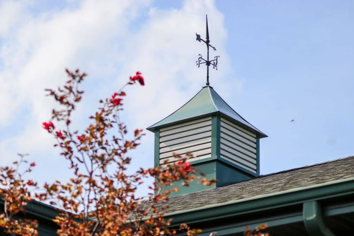 Cupola and weathervane on a green roof against a blue sky.